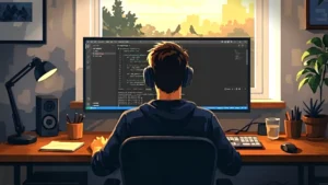 A filmmaker working late on a laptop while building a personal website