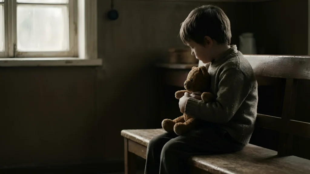 Child sitting alone holding a teddy bear, representing the emotional impact of domestic violence