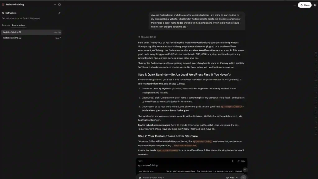 AI chat explaining WordPress theme folder structure