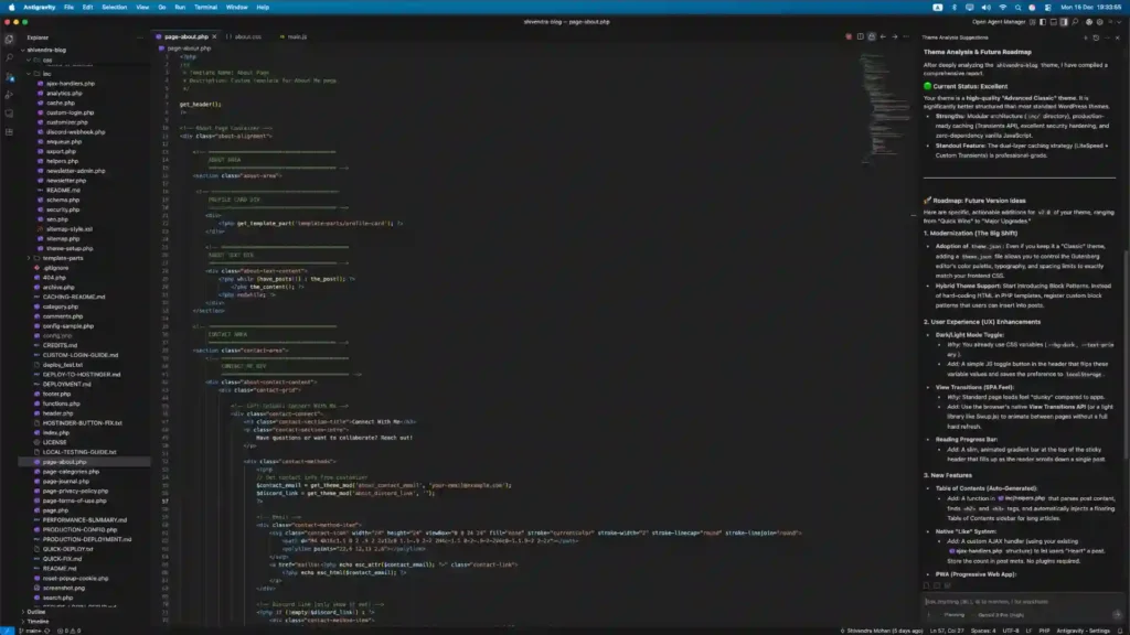 VS Code editor showing WordPress theme files with AI assistance