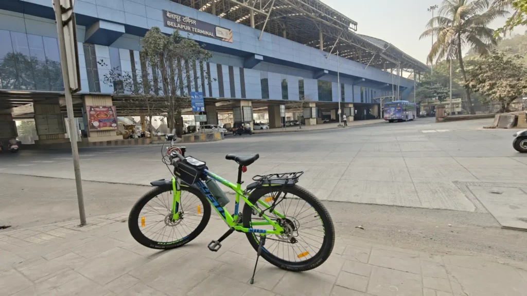 Bicycle parked outside the Belapur Metro terminal during early morning cycling ride