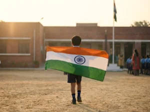 A kid with indian flag in indian school